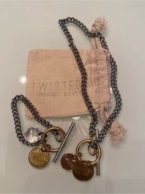 EUC Twisted Silver Mixed Metal Toggle Necklace & Bracelet Set